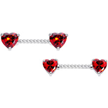 Load image into Gallery viewer, 14G Red CZ Gem Heart Twisted Captive Ring Barbell Nipple Ring Set
