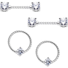 Load image into Gallery viewer, 14G Clear CZ Gem Twisted Captive Ring Barbell Nipple Ring Set
