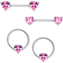 Load image into Gallery viewer, 14G Pink CZ Gem Heart Twisted BCR Ring Barbell Nipple Ring Set
