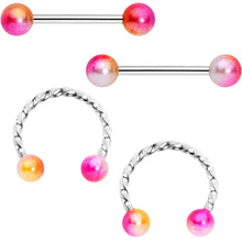 将图片加载到图库查看器，14G Yellow Pink Twisted Horseshoe Barbell Nipple Ring Set
