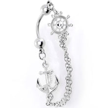 Load image into Gallery viewer, Ship Wheel and Anchor Nautical Chain Reversible Top Mount Dangle Belly Ring
