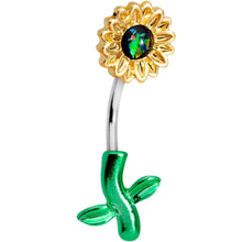 Load image into Gallery viewer, Green Faux Opal Yellow Sunflower Leaf Double Mount Belly Ring
