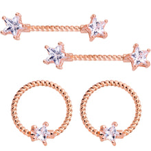 Load image into Gallery viewer, 14G Clear CZ Gem Star Rose Gold Hue BCR Barbell Nipple Ring Set
