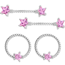 将图片加载到图库查看器，14G Pink CZ Gem Star Twisted BCR Barbell Nipple Ring Set of 4
