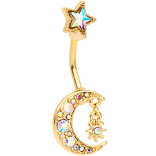 将图片加载到图库查看器，Aurora Gem Gold Tone Moon and Star Double Mount Belly Ring

