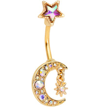 将图片加载到图库查看器，Aurora Gem Gold Tone Moon and Star Double Mount Belly Ring
