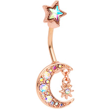 Load image into Gallery viewer, Aurora Gem Rose Gold Tone Moon and Star Double Mount Belly Ring

