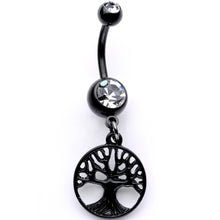 Load image into Gallery viewer, Clear Gem Black Anodized Tree of Life Charm Dangle Belly Ring
