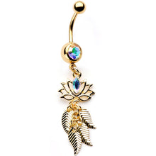 Load image into Gallery viewer, Aurora Gem Gold Tone Anodized Leafy Lotus Flower Dangle Belly Ring
