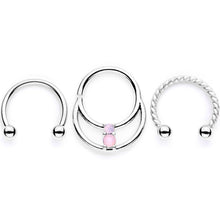Load image into Gallery viewer, 16G 3/8 Pink Faux Opal Twisted Horseshoe Closure Ring Set
