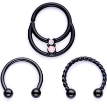 Load image into Gallery viewer, 16G 3/8 Pink Faux Opal Black Anodized Horseshoe Closure Ring Set
