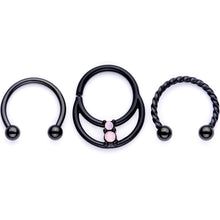 Load image into Gallery viewer, 16G 3/8 Pink Faux Opal Black Anodized Horseshoe Closure Ring Set
