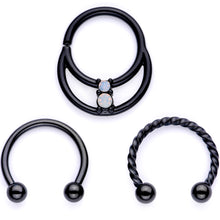 Load image into Gallery viewer, 16G 3/8 White Faux Opal Black Anodized Twisted Horseshoe Closure Ring Set

