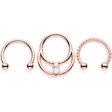 Load image into Gallery viewer, 16G 3/8 White Faux Opal Rose Gold Tone Twisted Horseshoe BCR Captive Ring Set
