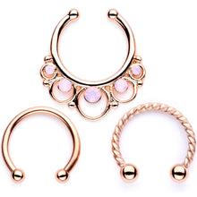将图片加载到图库查看器，16G Pink Faux Opal Rose Gold Tone Twisted Horseshoe Clip On Fake Septum Ring Set

