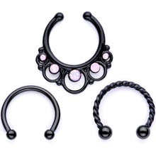 Load image into Gallery viewer, 16G Pink Faux Opal Black Anodized Twisted Horseshoe Clip On Fake Septum Ring Set
