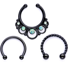 将图片加载到图库查看器，16G Teal Faux Opal Black Anodized Twisted Horseshoe Clip On Fake Septum Ring Set
