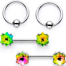 Load image into Gallery viewer, 14G Green Gem Supernova Captive Ring Barbell Nipple Ring Set
