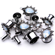 Load image into Gallery viewer, White Faux Opal Filigree Framed Double Flare Plug Set 6mm  to 12mm

