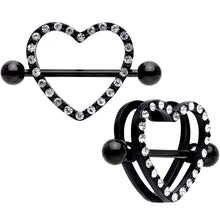 将图片加载到图库查看器，14G 5/8 Clear Gem Black Valentine Heart Nipple Ring Set
