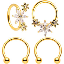 Load image into Gallery viewer, 16G 3/8 Clear CZ Gem Gold Tone Fun Flowers Horseshoe BCR Captive Ring Set
