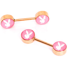 Load image into Gallery viewer, Licensed Pink White Playboy Bunny Gold Tone Barbell Nipple Ring Set
