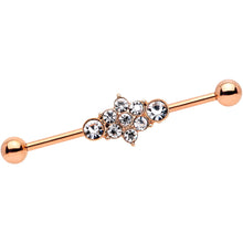 Load image into Gallery viewer, 14G Clear Gem Rose Gold IP Floral Cluster Industrial Barbell 38mm
