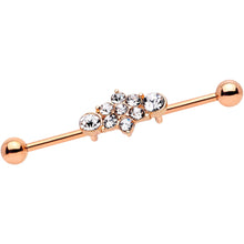 Load image into Gallery viewer, 14G Clear Gem Rose Gold IP Floral Cluster Industrial Barbell 38mm
