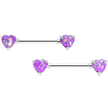 Load image into Gallery viewer, 14G Purple Faux Opal Heart BCR Barbell Nipple Ring Set of 4
