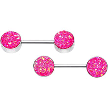 Load image into Gallery viewer, 14G 9/16 Pink Synthetic Druzy Powerful Barbell Nipple Ring Set
