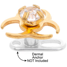 Load image into Gallery viewer, 14G Clear Gem Gold Tone Biohazard Dermal Anchor Top
