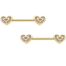 Load image into Gallery viewer, 9/16 Clear Gem Gold Tone Plated Heart Barbell Nipple Ring Set
