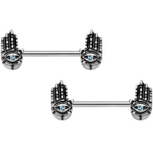 将图片加载到图库查看器，14G 9/16 Aqua Gem Hamsa Hand Barbell Nipple Ring Set
