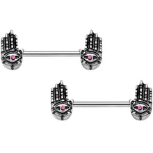 Load image into Gallery viewer, 14G 9/16 Pink Gem Hamsa Hand Barbell Nipple Ring Set
