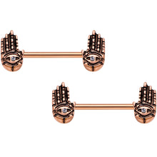 Load image into Gallery viewer, 9/16 Clear Gem Rose Gold Tone Hamsa Hand Barbell Nipple Ring Set
