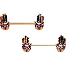 Load image into Gallery viewer, 9/16 Pink Gem Rose Gold Tone Hamsa Hand Barbell Nipple Ring Set
