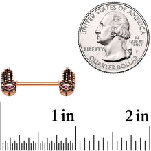 Load image into Gallery viewer, 9/16 Pink Gem Rose Gold Tone Hamsa Hand Barbell Nipple Ring Set
