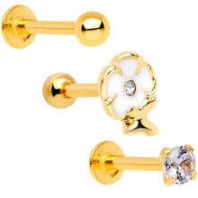 Load image into Gallery viewer, 16G 1/4 Clear Gem Gold Tone Spring Cartilage Tragus Set of 3
