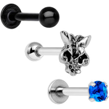 Load image into Gallery viewer, 16G 1/4 Blue Gem Spring Black Cartilage Tragus Earring Set of 3
