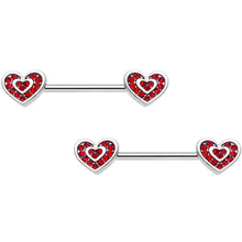 Load image into Gallery viewer, 14G 5/8 Red Gem Wrapped Hearts Barbell Nipple Ring Set
