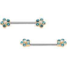 Load image into Gallery viewer, 14G 9/16 Aqua Gem Precious Flower Barbell Nipple Ring Set

