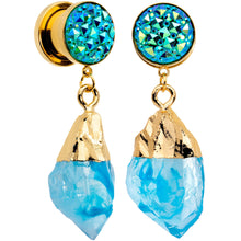 Load image into Gallery viewer, Blue Faux Druzy Quartz Gold Tone Dangle Screw Fit Plug Set 8mm to 16mm

