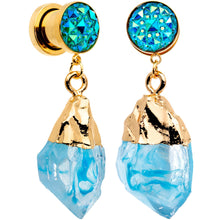 Load image into Gallery viewer, Blue Faux Druzy Quartz Gold Tone Dangle Screw Fit Plug Set 8mm to 16mm

