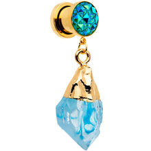 Load image into Gallery viewer, Blue Faux Druzy Quartz Gold Tone Dangle Screw Fit Plug Set 8mm to 16mm
