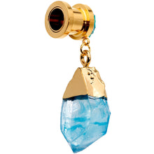 Load image into Gallery viewer, Blue Faux Druzy Quartz Gold Tone Dangle Screw Fit Plug Set 8mm to 16mm

