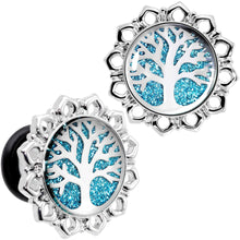 Load image into Gallery viewer, Blue Glitter Inlay Tree of Life Single Flare Plug Set 6mm to 20mm
