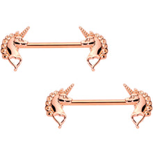Load image into Gallery viewer, 14G 5/8 Rose Gold Tone Anodized Unicorn Barbell Nipple Ring Set
