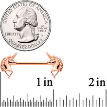 Load image into Gallery viewer, 14G 5/8 Rose Gold Tone Anodized Unicorn Barbell Nipple Ring Set
