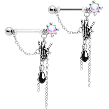 将图片加载到图库查看器，9/16 Black Gem Skeleton Heavy Metal Dangle Barbell Nipple Ring Set
