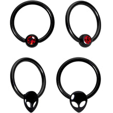Load image into Gallery viewer, 14G 13mm Red Gem Alien Black BCR Captive Nipple Ring Set Of 4
